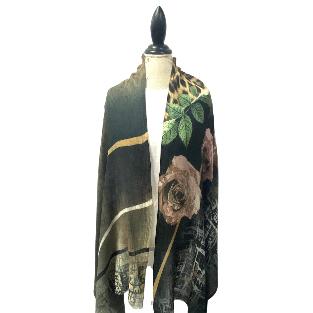 Elegant Leopard Floral Wool Silk Scarf