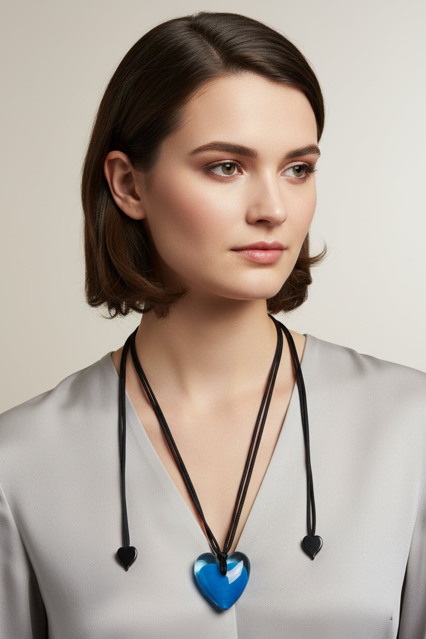 A blue heart-shaped pendant necklace on a black cord with heart-shaped attachments at each end.