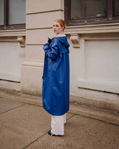 Mernini Long Raincoat in Peony Blue, Suttles & Seawinds, Mahone Bay, Nova Scotia