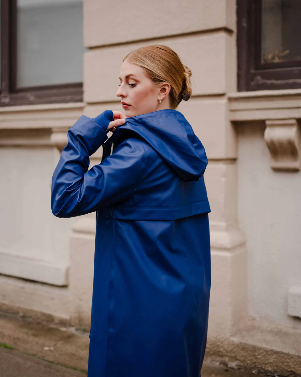 Mernini Long Raincoat in Peony Blue, Suttles & Seawinds, Mahone Bay, Nova Scotia