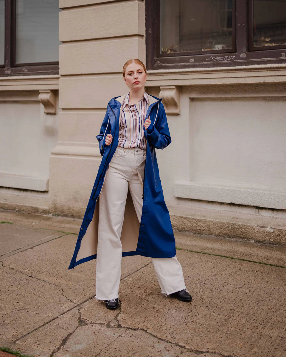 Mernini Long Raincoat in Peony Blue, Suttles & Seawinds, Mahone Bay, Nova Scotia