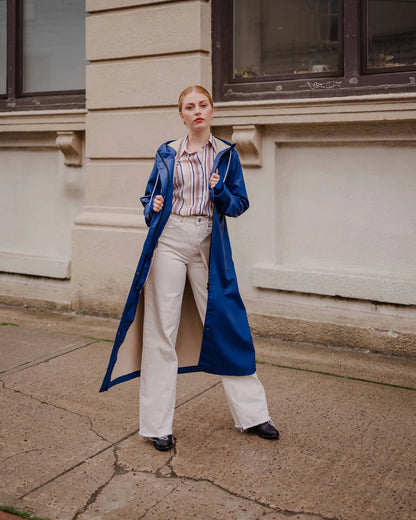 Mernini Long Raincoat in Peony Blue, Suttles & Seawinds, Mahone Bay, Nova Scotia