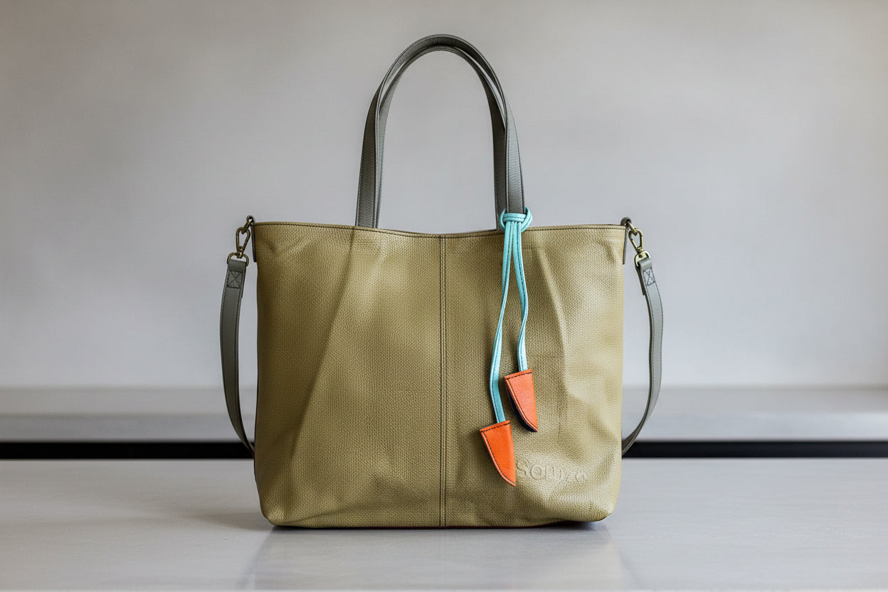 olive Green bag with orange accents side 1