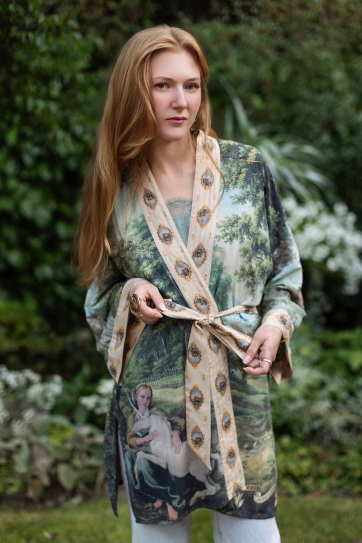 The Mythmaker Matinée Duster Kimono w/ landscape & unicorn - Suttles & Seawinds