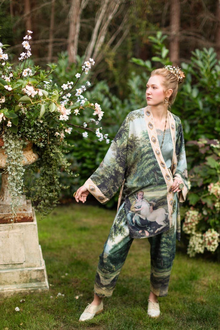 The Mythmaker Matinée Duster Kimono w/ landscape & unicorn - Suttles & Seawinds