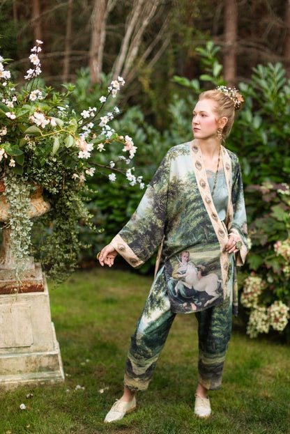 The Mythmaker Matinée Duster Kimono w/ landscape & unicorn - Suttles & Seawinds