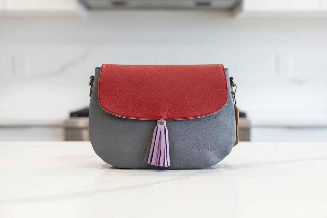 Gray handbag with red flap side 1