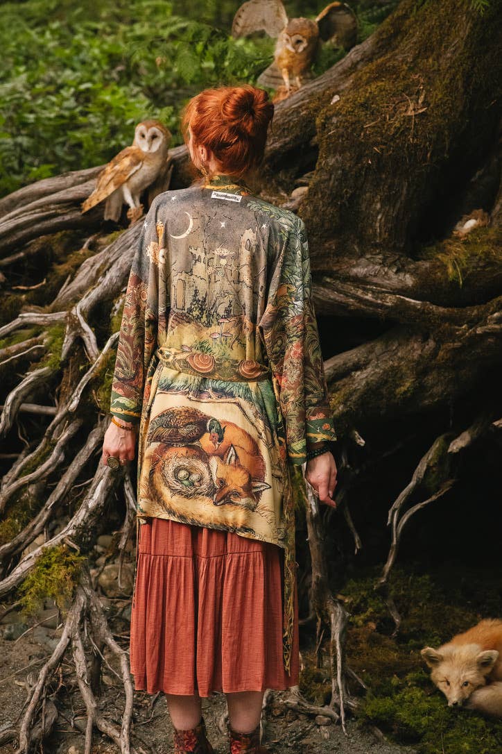 Woodland Wisdom Matinée Duster Kimono w/ Florals, Fox & Owl - Suttles & Seawinds