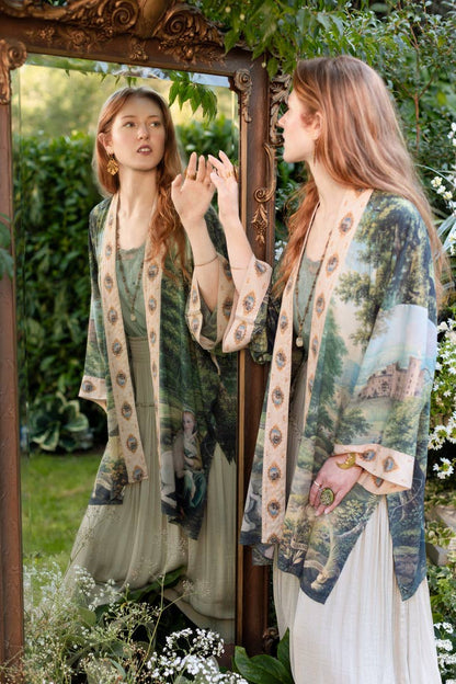 The Mythmaker Matinée Duster Kimono w/ landscape & unicorn - Suttles & Seawinds