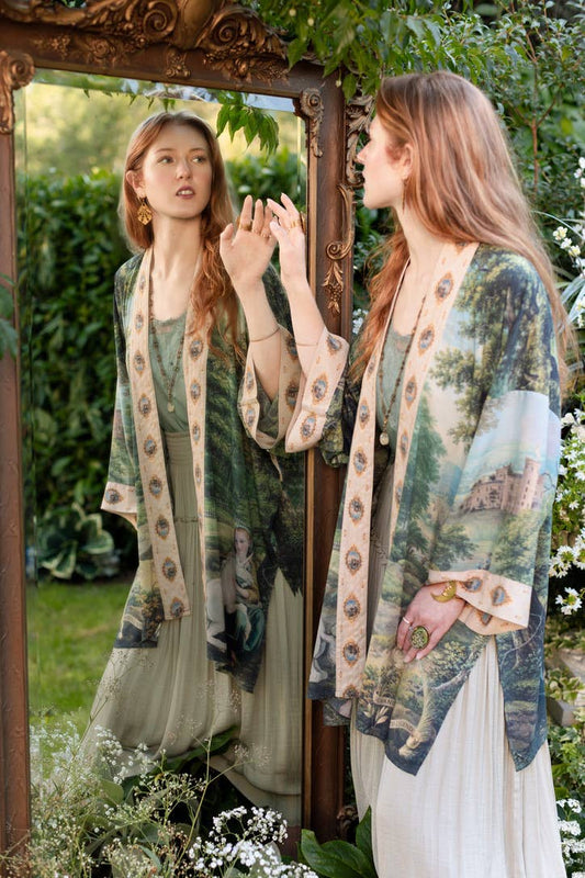 The Mythmaker Matinée Duster Kimono w/ landscape & unicorn - Suttles & Seawinds