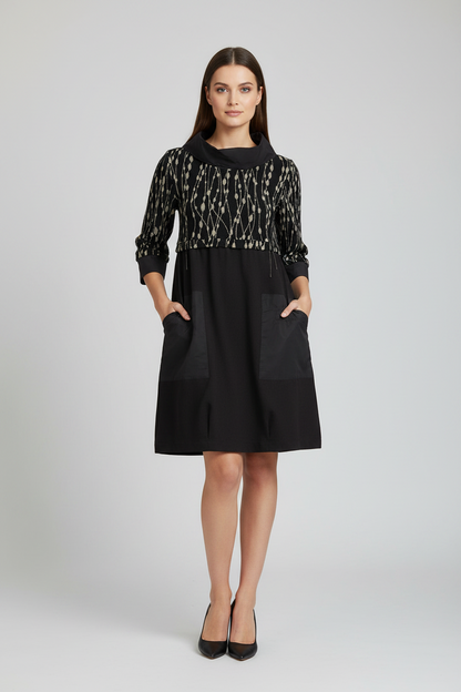 Pocket Front Cowl Neck Knee Length Dress