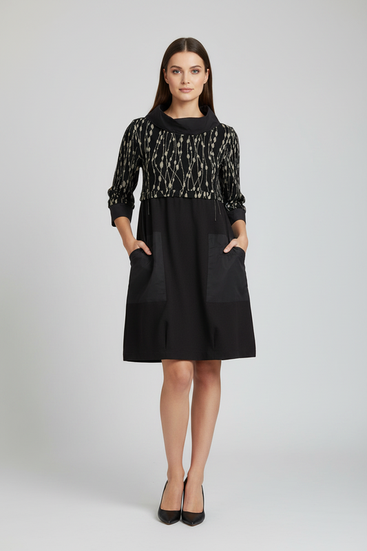 Pocket Front Cowl Neck Knee Length Dress