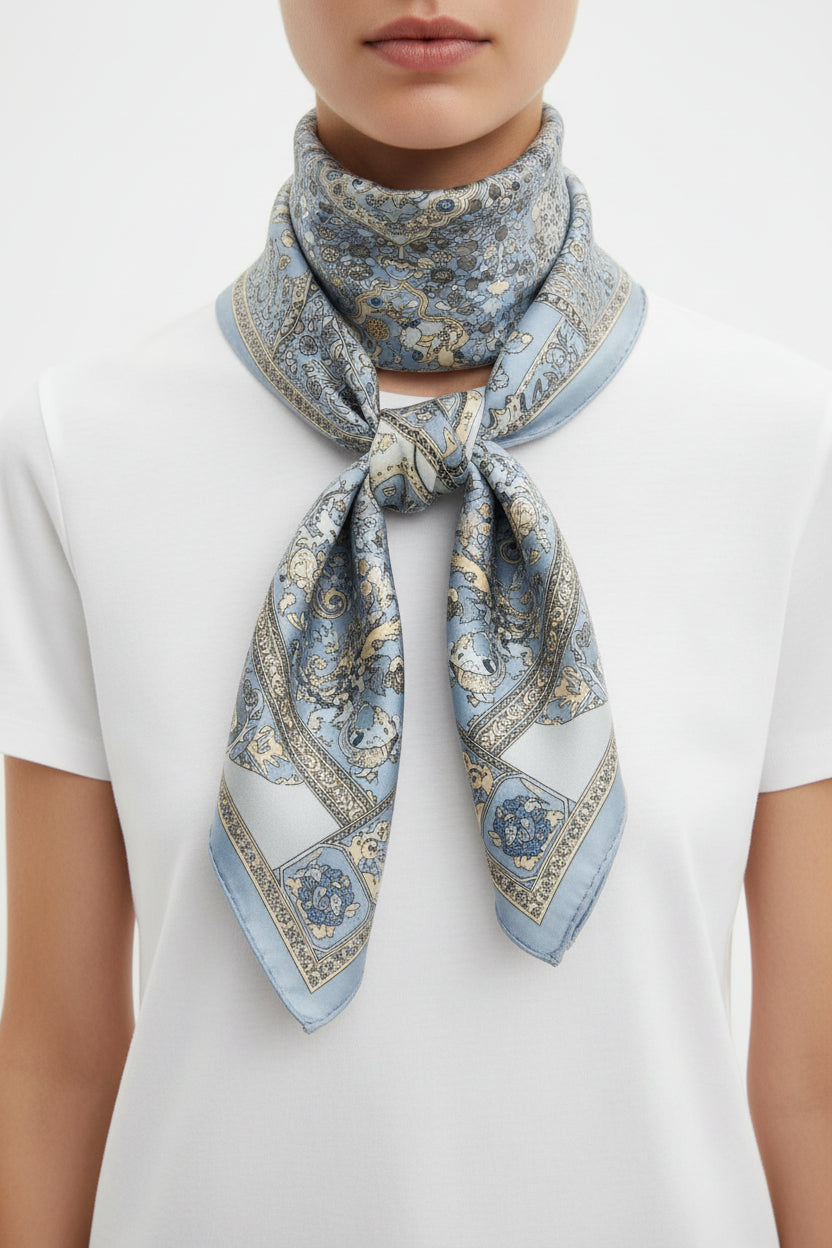 Decorative blue scarf with intricate patterns 