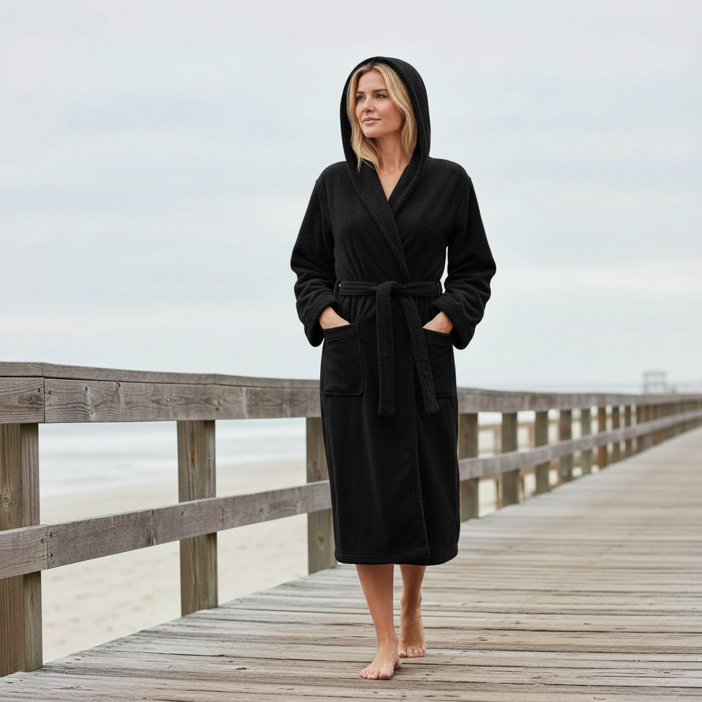 Luxury Hooded Black Terry Bathrobe 450 GSM Unisex Spa Robe - Suttles & Seawinds