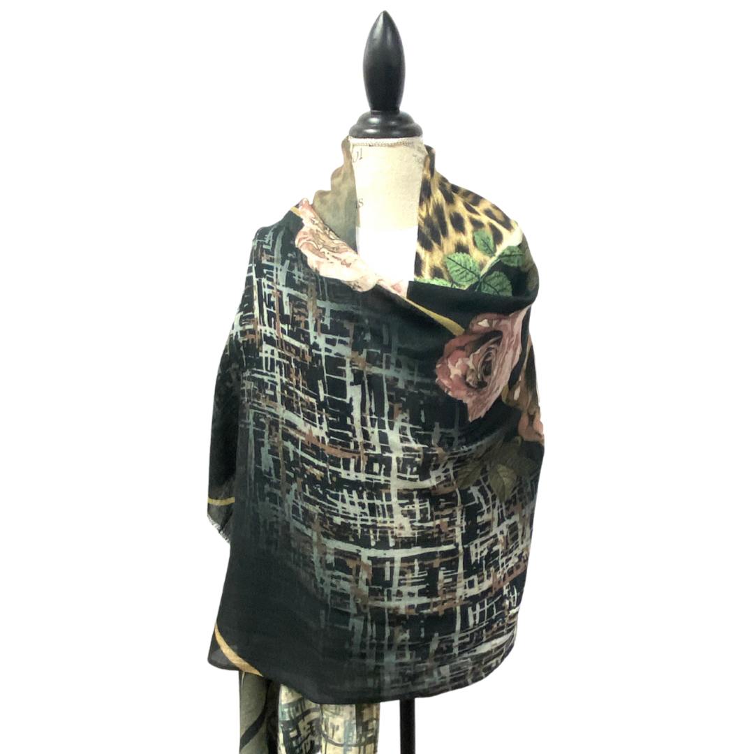 Elegant Leopard Floral Wool Silk Scarf