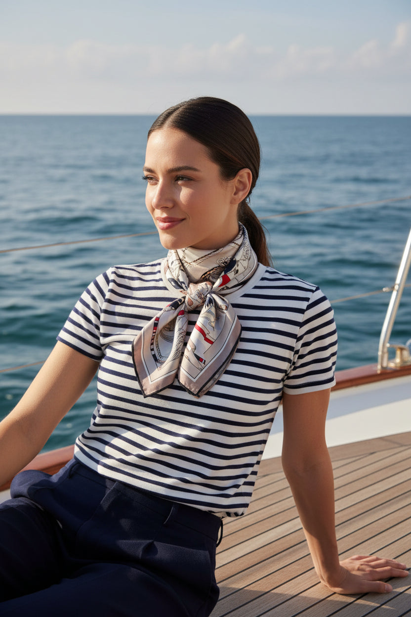 nautical inspired scarf with intricate patterns and ship designs on a white background