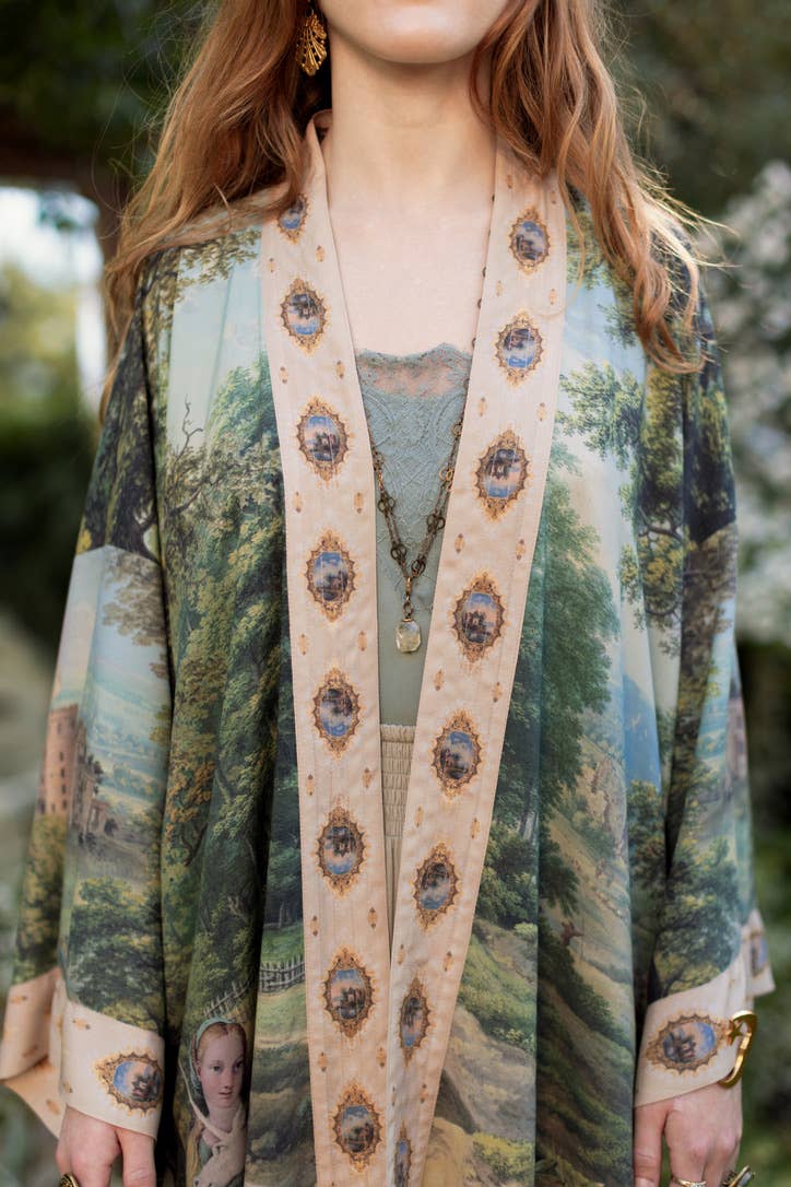 The Mythmaker Matinée Duster Kimono w/ landscape & unicorn - Suttles & Seawinds