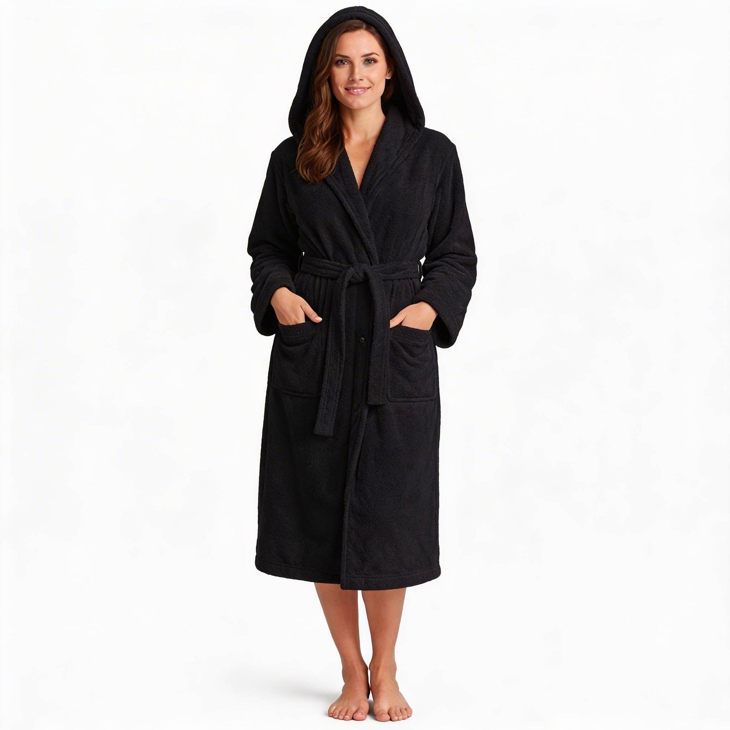 Luxury Hooded Black Terry Bathrobe 450 GSM Unisex Spa Robe - Suttles & Seawinds