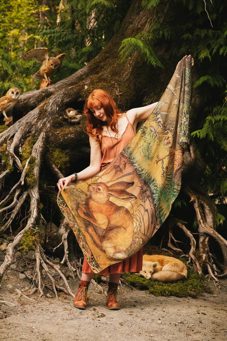 Woodland Wisdom Bohemian Scarf with Florals, Rabbit & Moths - Suttles & Seawinds