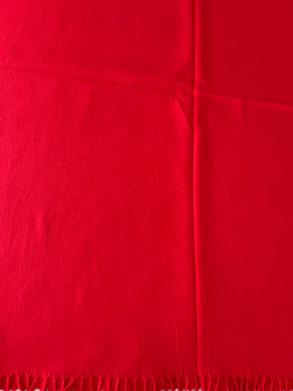 A close-up of a bright red scarf  and fringed edge along the bottom.