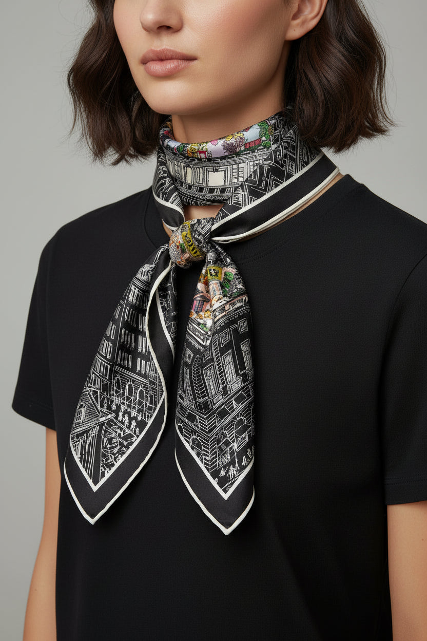 Illustration of a cityscape with detailed architecture and people on a black background and bright central accents on a silk scarf