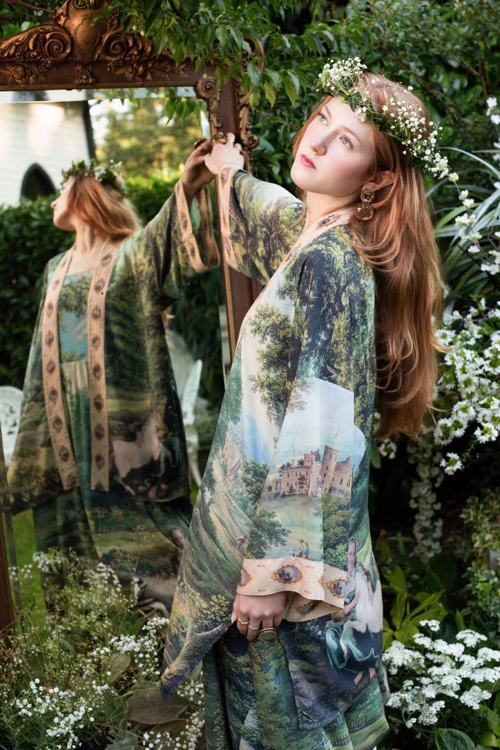 The Mythmaker Matinée Duster Kimono w/ landscape & unicorn - Suttles & Seawinds