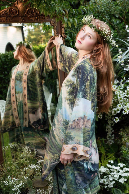 The Mythmaker Matinée Duster Kimono w/ landscape & unicorn - Suttles & Seawinds
