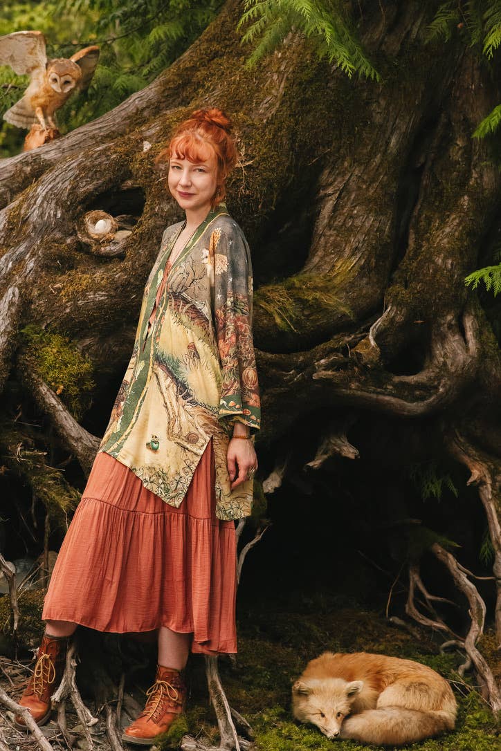 Woodland Wisdom Matinée Duster Kimono w/ Florals, Fox & Owl - Suttles & Seawinds