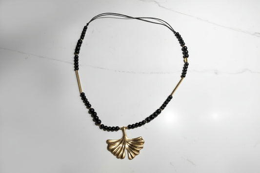 Studio Necklace with glass bead & statement Ginko Leaf Pendant