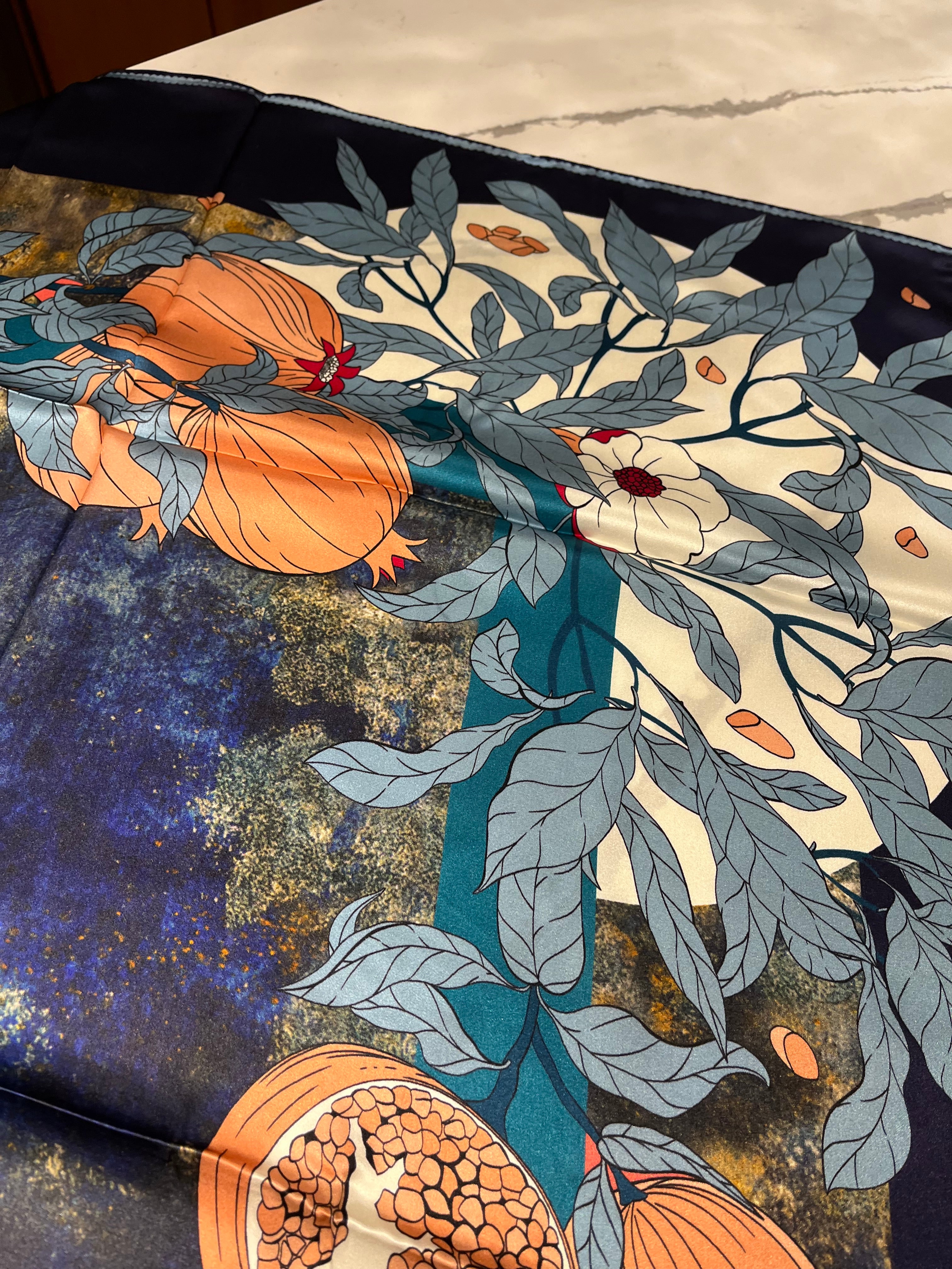 T & E - LARGE SILK SCARF - POMEGRANITE DEPICTION