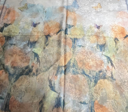 Floral patterned SCARF with butterflies on a white surface