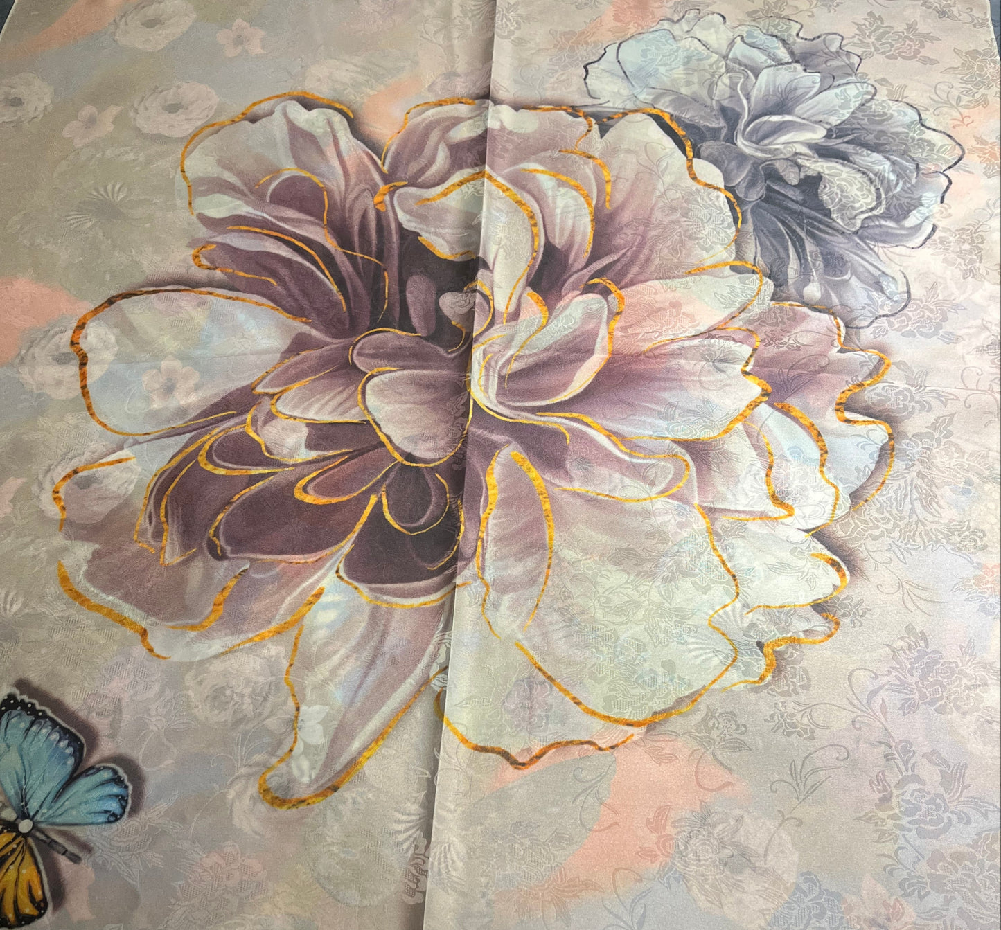 Decorative SCARF with floral design and butterfly on a textured surface