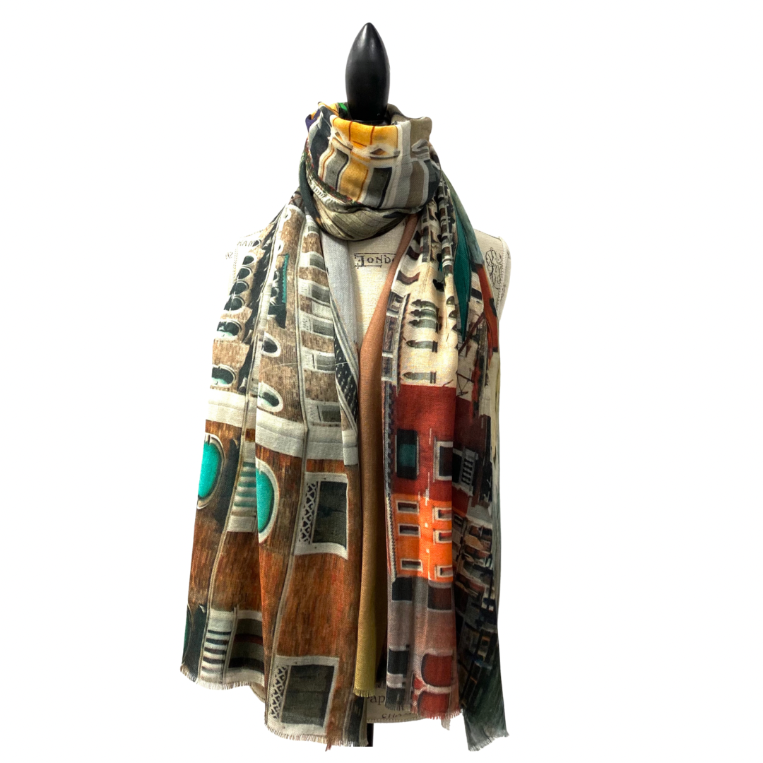 Venice Wool Silk Blend Scarf - Artistic Design