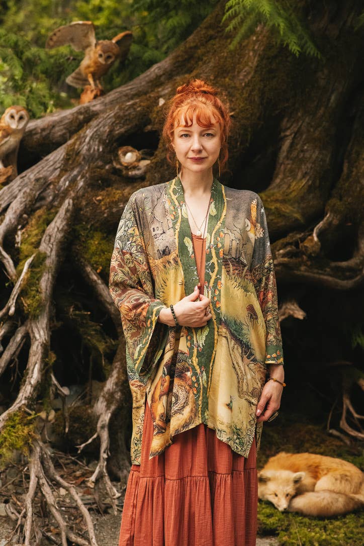 Woodland Wisdom Matinée Duster Kimono w/ Florals, Fox & Owl - Suttles & Seawinds