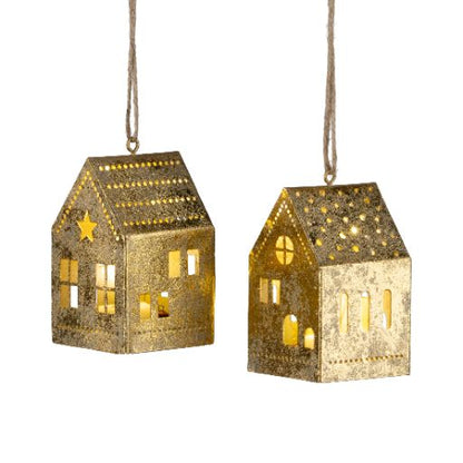 Gold Foiled Metal House Ornament w/LED Lights