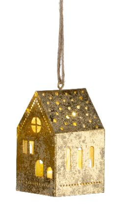 Gold Foiled Metal House Ornament w/LED Lights