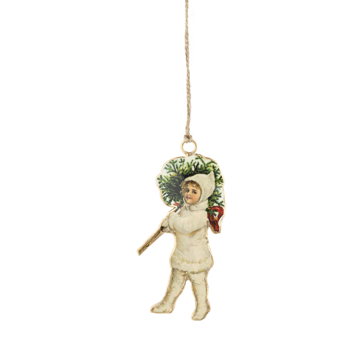 Vintage Transfer on Metal Ornament Child with Tree