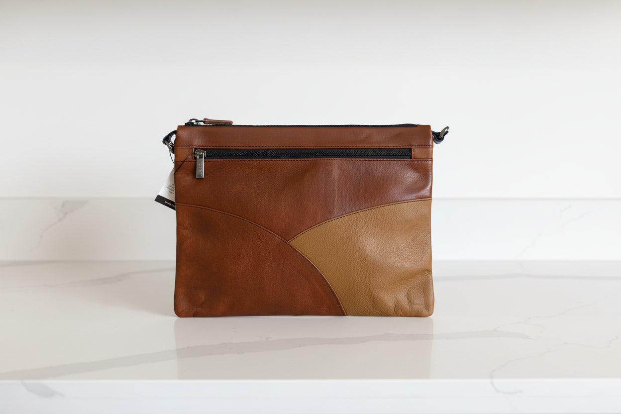 Brown leather clutch bag side 2