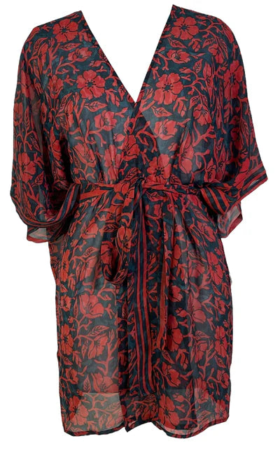 RED VINE SILK KIMONO SLEEVED JACKET W BELT