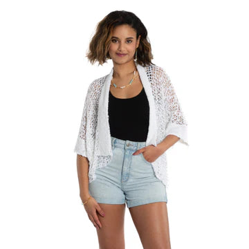 SUZIE BLUE -SHORT SLEEVE  POPCORN KNIT TOPPER CARDI
