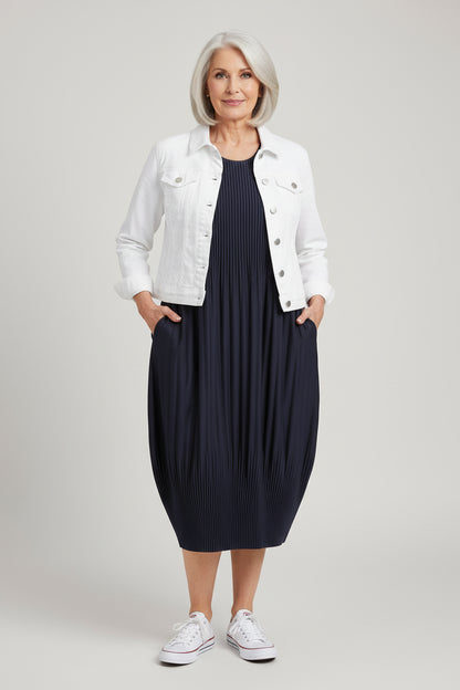 Navy sleeveless dress on a white background