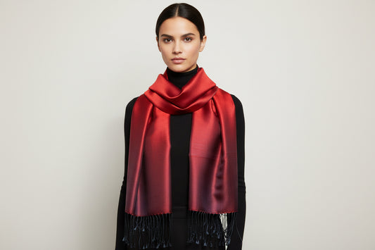Red silk scarf with black tassels on a marble surface