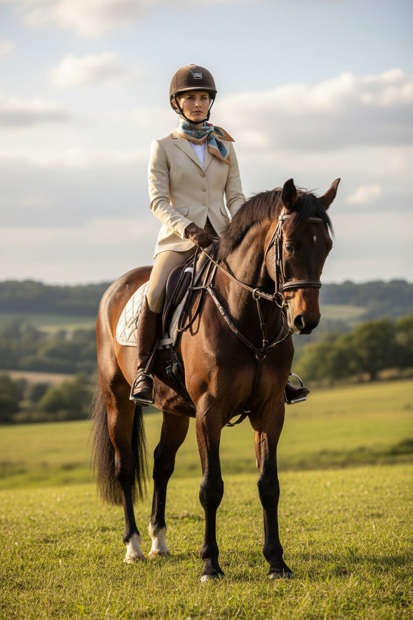 equestrian horses on a blue background with gold border , silk square scarf