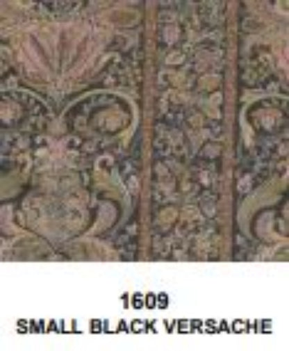 Small black versache pattern on a textured fabric background