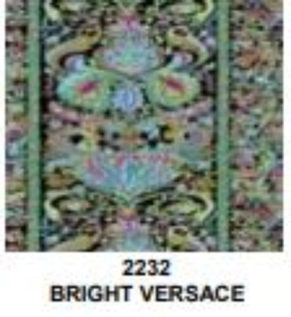Colorful patterned fabric with Versace logo, featuring vibrant colors and intricate design.