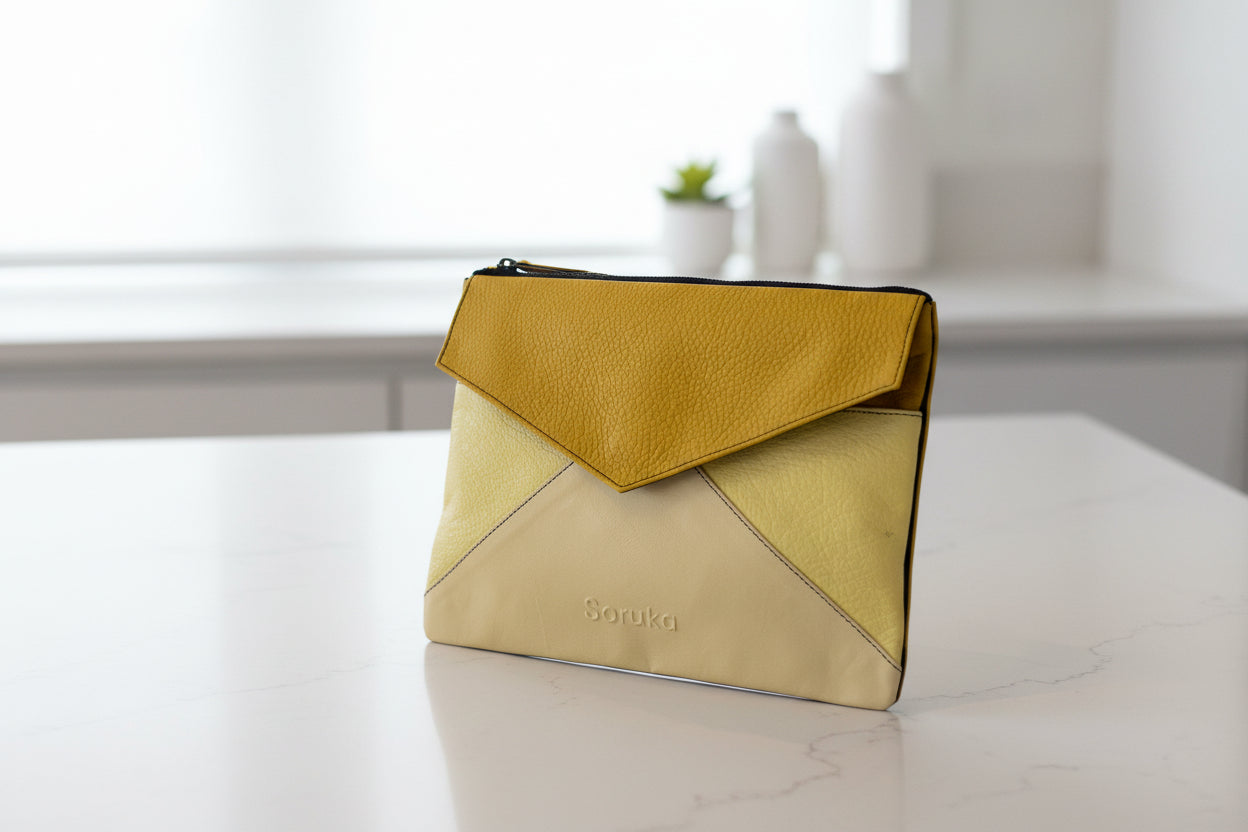 Yellow and beige clutch bag side 3