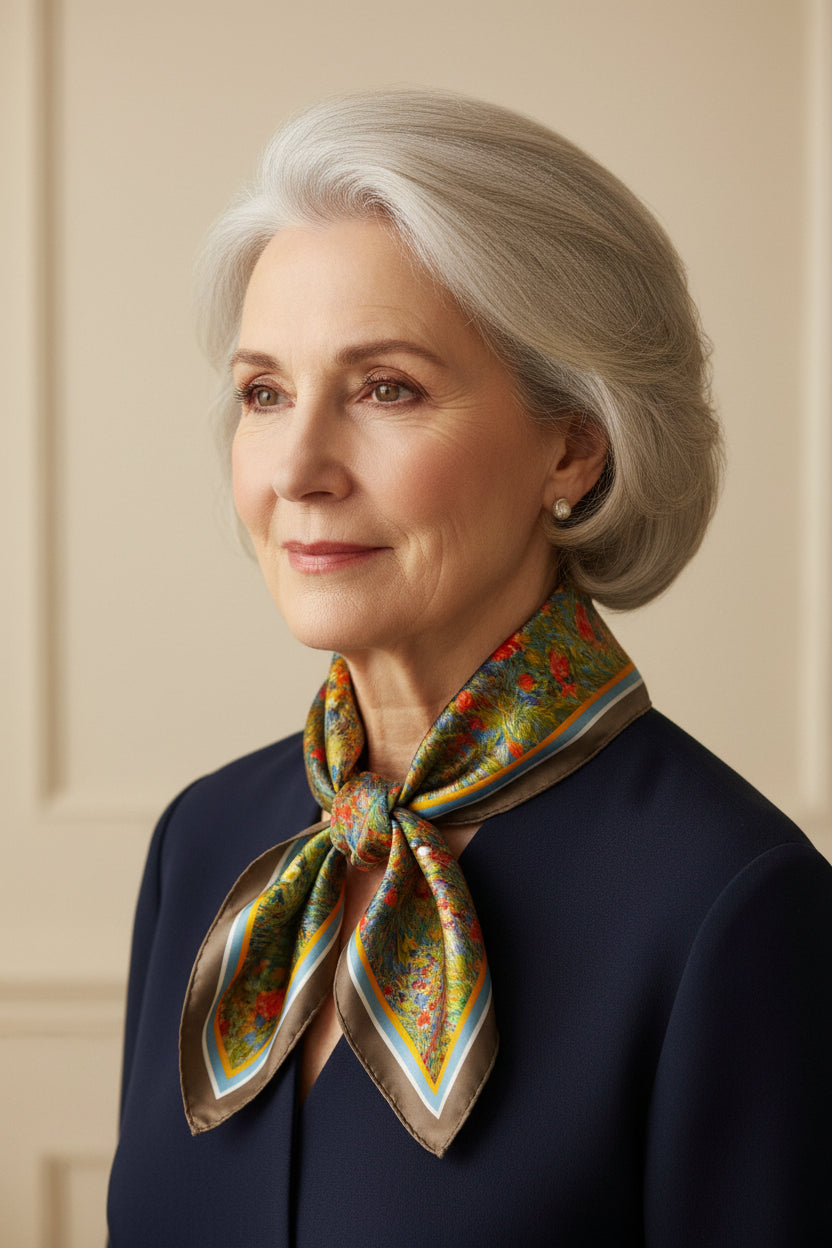 scarf with a landscape design featuring trees and flowers.