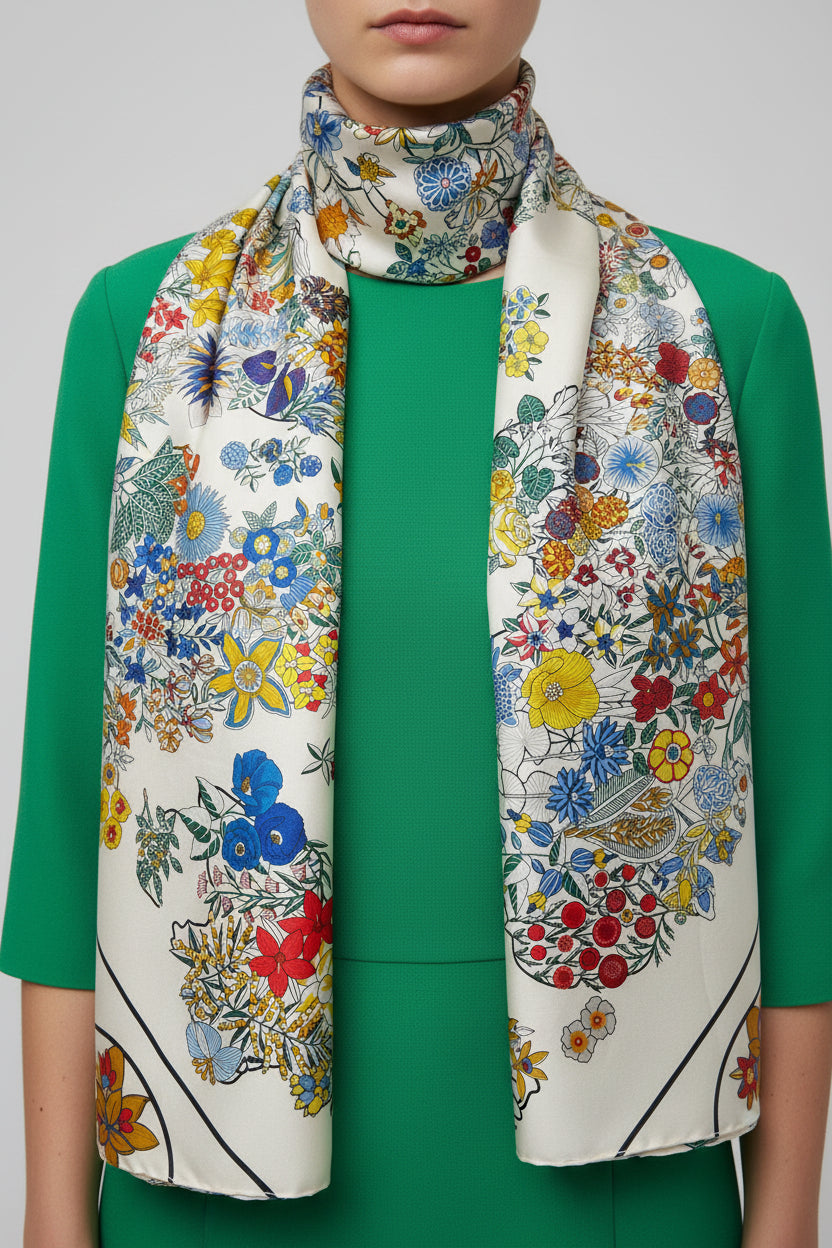 Colorful floral pattern on a textured silk scarf 