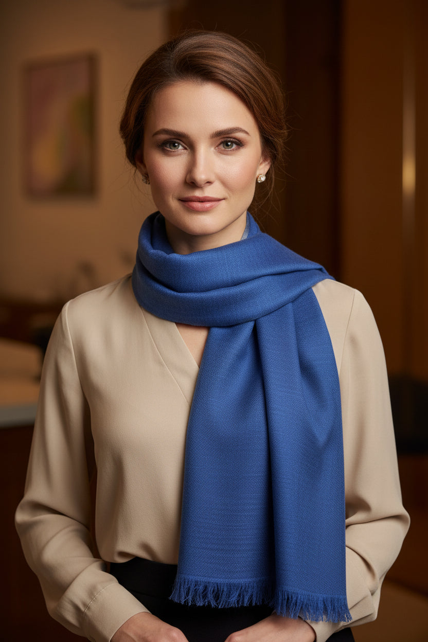 Blue fabric with frayed edges on a light-colored surface