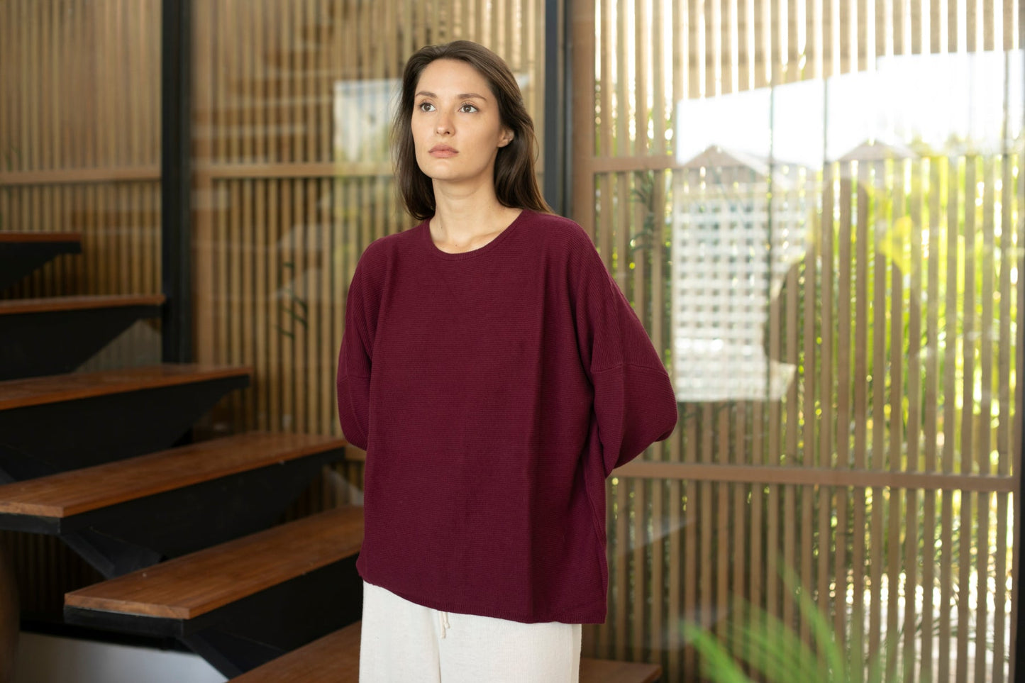 Sara Easy Rib Crew Sweater boysenberry - layering shot